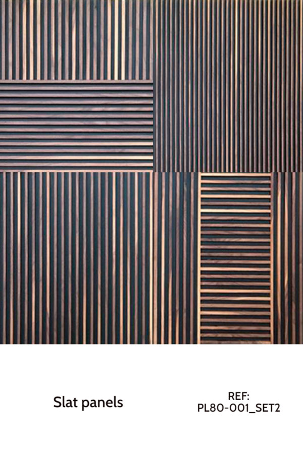 A set of our decorative slat wood panels. On the photo, there's a product design that combines 4 different panels, each one with a different orientation. All of the panels have an horizontal and vertical layout panel.