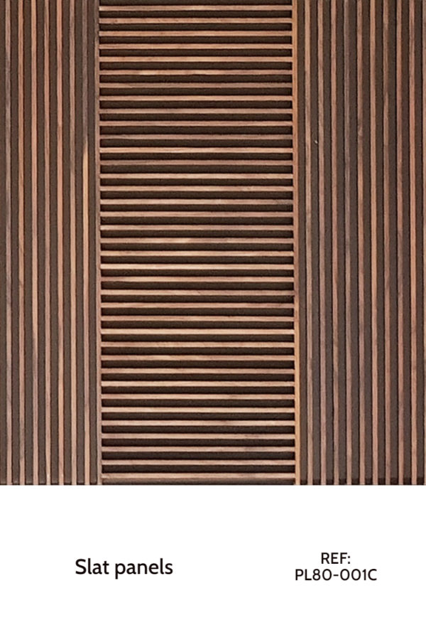 A decorative slat wood panel with a up and down layout. On the left and right sides, there are a few strips arranged on a vertical layout, and between them there are horizontal strips.