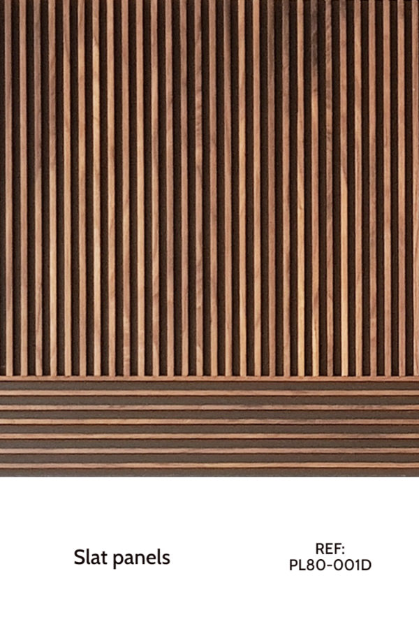 A decorative slat wood panel. On the bottom, there are horizontal strips, complemented by the top displayed strips with a vertical layout.