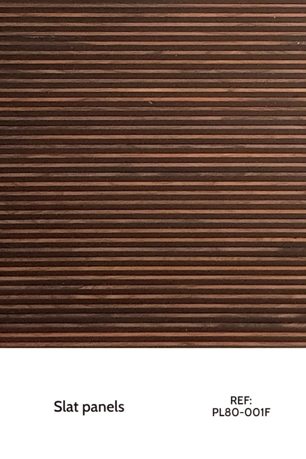 A decorative slat wood panel, where the strips are placed horizontally. The panel can be rotated for a different design look, making it perfectly horizontal as well.