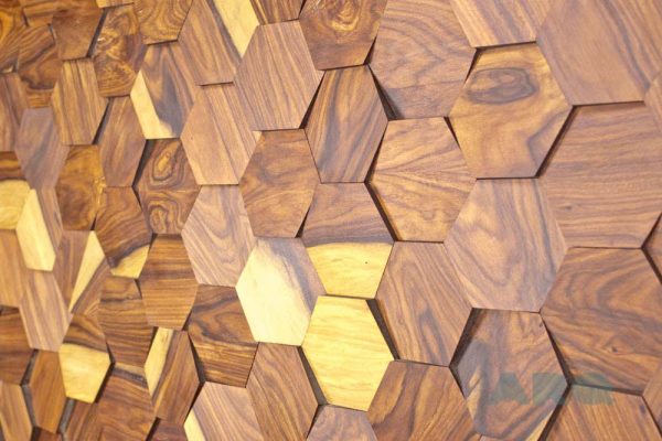 The PL_IW_B01 is a reference of the Origami collection. Composed of individual hexagons with a Iron Wood veneer finish, this panel has different heights, creating a sensation of motion between each hexagon. A decorative wood panel design for application on walls.
