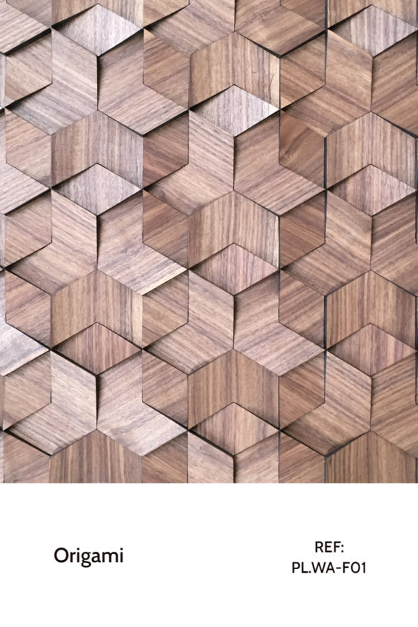 The PL.WA-F01 is a design that uses wood veneers and simple shapes to create a complex but interesting pattern. A decorative wood panel design for application on walls with geometric shapes.