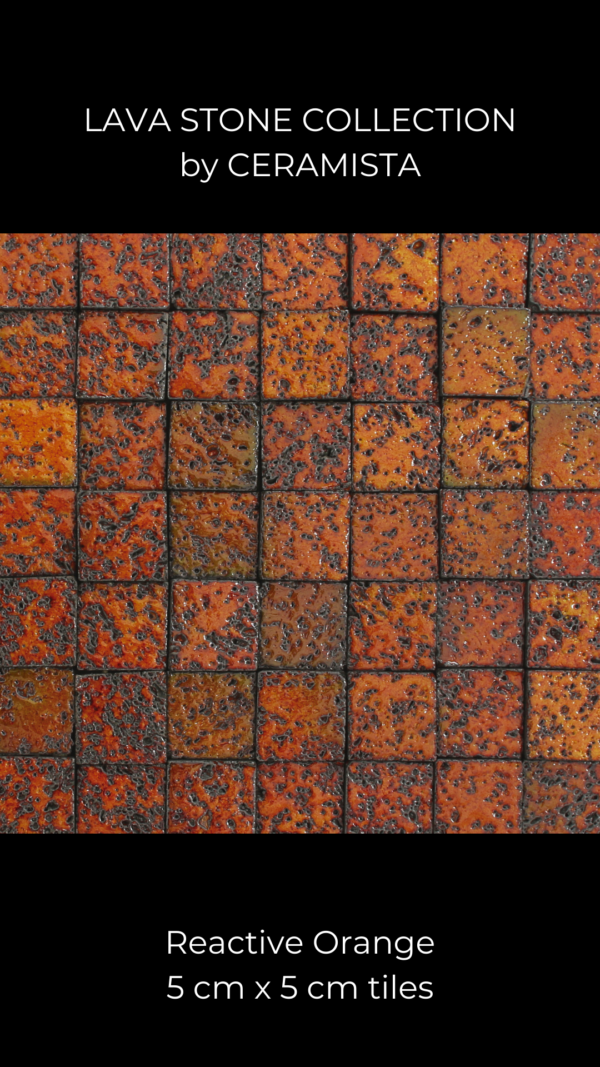 A lava stone catalog item. Each piece is glazed in reactive orangnge glaze. This glaze creates some unusual pieces with diffferent textures that contrast with each other.
