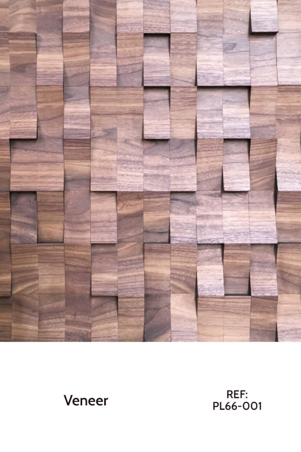 A Veneer panel from the Veneer collection. In the photo, small rectangles with tilted shapes are organized along each other, creating a balanced and contrasting shape that plays with shadows throughout the day. The Veneer covering surface is a medium-to-dark-brown color.