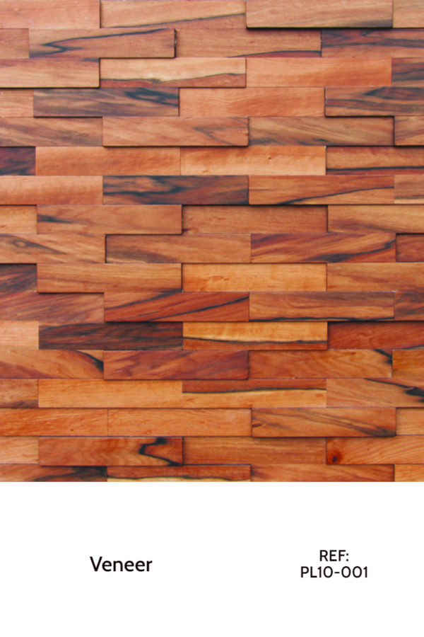 A veneer panel design. In the photo, there is a dark oak-like veneer, divided into small rectangles with different heights and shapes.