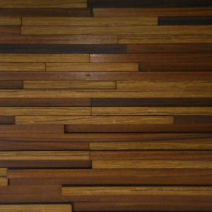 A wood panel design with multiple wood strips. Each strip is placed horizontally, with different lengths and heights. This creates a nice game of shadows that plays with the different tonalities.