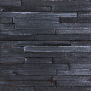 A wood panel that consists of wood strips with a burned look. Each strip is placed horizontally and is slightly different from the others, as some are longer and have different heights.