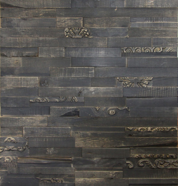 A dark coloured wood panel with horizontally placed wood strips. Each strip is different than the other, as some have a lighter tone and other even have tridimensional, ornamental patterns.