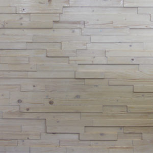 A wood panel with horizontal strips. Each strip has a different height, creating a tridimensional effect. All of the woods are painted in a white patina, which differs a little bit from strip to strip.