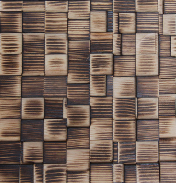 A wood panel with burned squares with varying heights. Each panel is composed of amazing tonalities, some more deep burned and others almost natural.