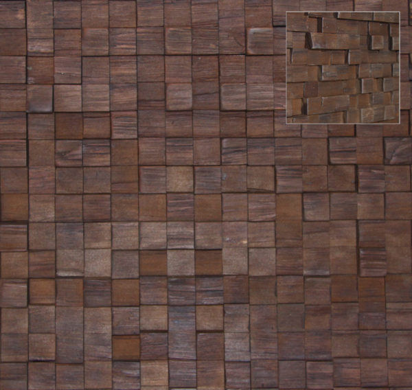 A wood surface made with squares of wood, which are hand applied on a board. Each square has a slightly different height, creating a tactile sensation.