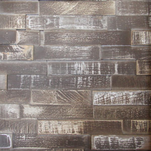 A wood panel with horizontally placed wood strips. These wood strips have a dark, stained colour, complemented by a patina finish.