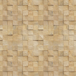 A wall panel that uses wood squares with different characteristics to create a tactile, three dimensional environment.